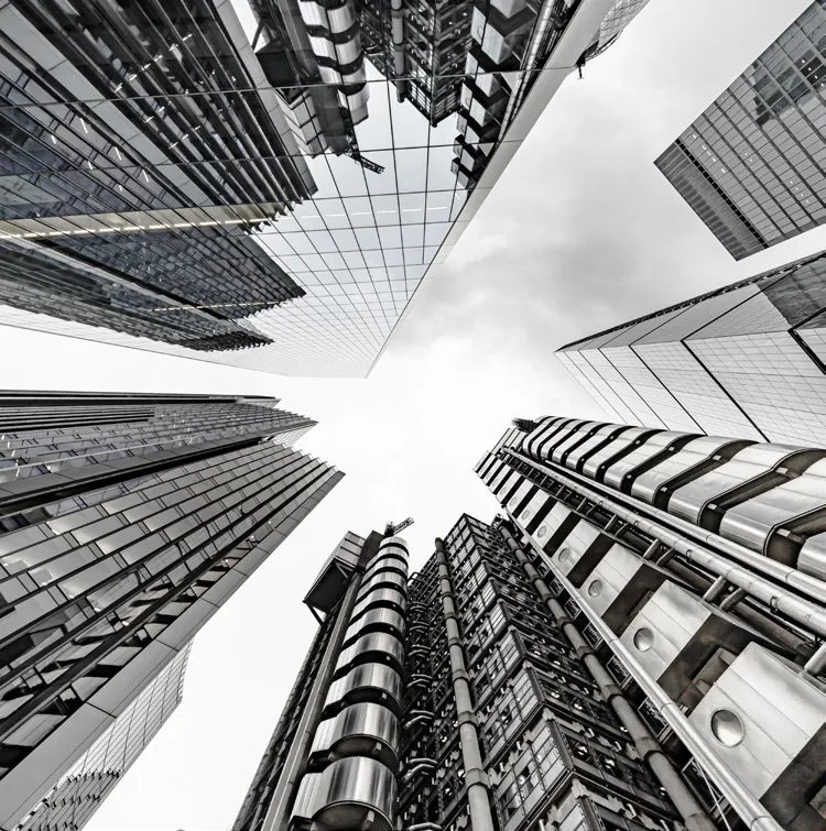Corporate towers seen from street level